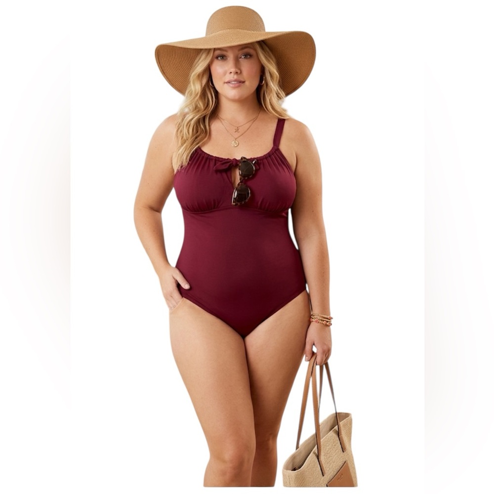 Time & Tru Women Ruby Red Keyhole Tie Front One Piece Modest Swimsuit Size: 1X